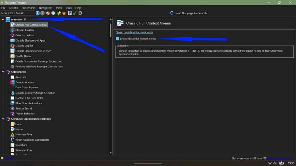 Winaero Tweaker interface showing the Enable classic full context menus option selected to restore the legacy Windows 11 right-click menu.