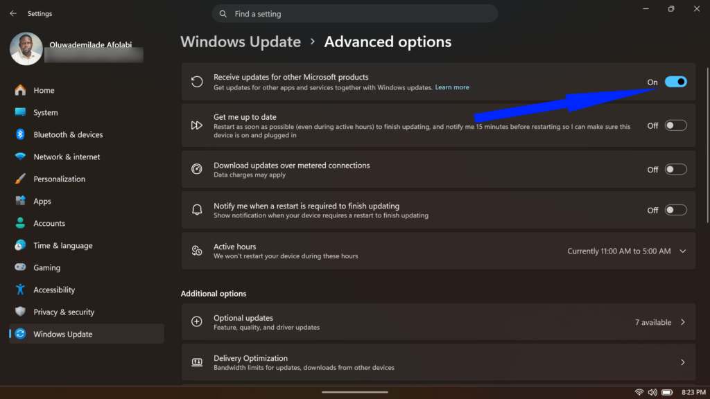 Windows 11 Advanced options page for Windows Update featuring Receive updates for other Microsoft products.