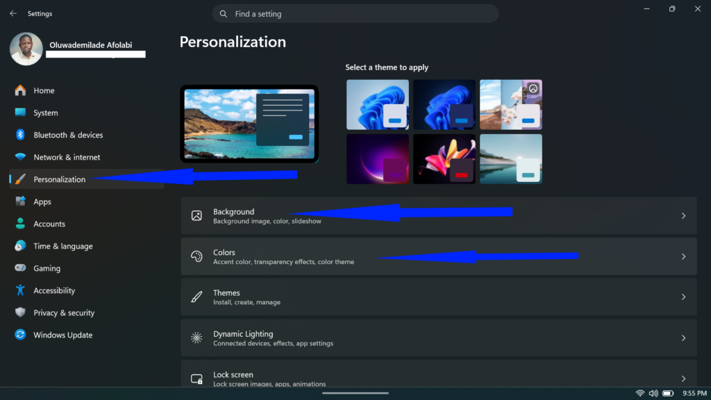 Windows 11 Personalization settings page with blue arrows highlighting the Background and Colors menu options.
