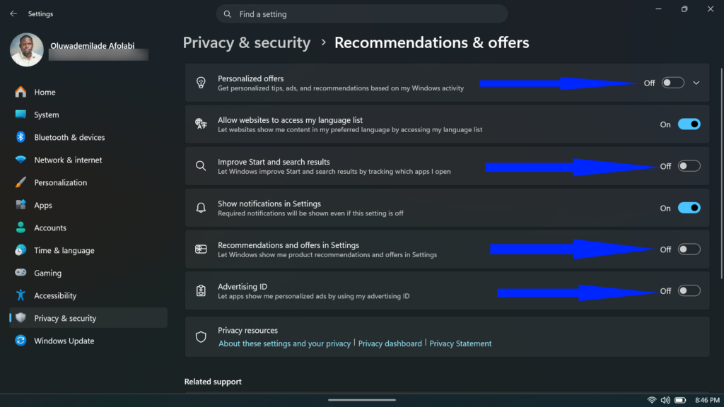 Windows 11 Recommendations & offers settings page.