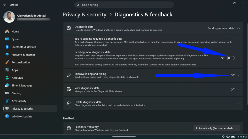 Windows 11 Settings app displaying the Send optional diagnostic data and Improve inking and typing toggles, both set to Off.