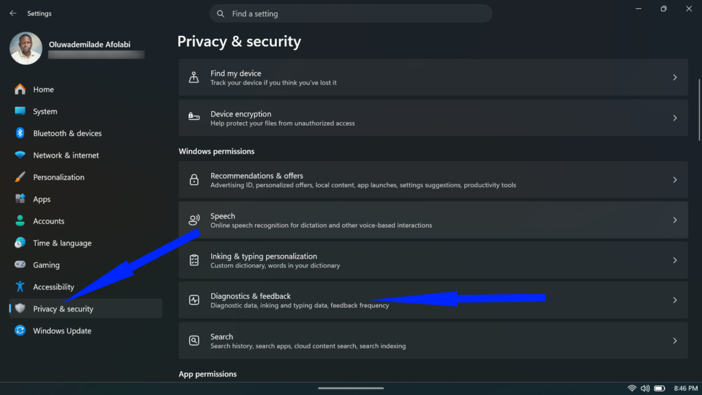 Windows 11 Settings highlighting the Privacy & security tab in the sidebar and the Diagnostics & feedback menu option.