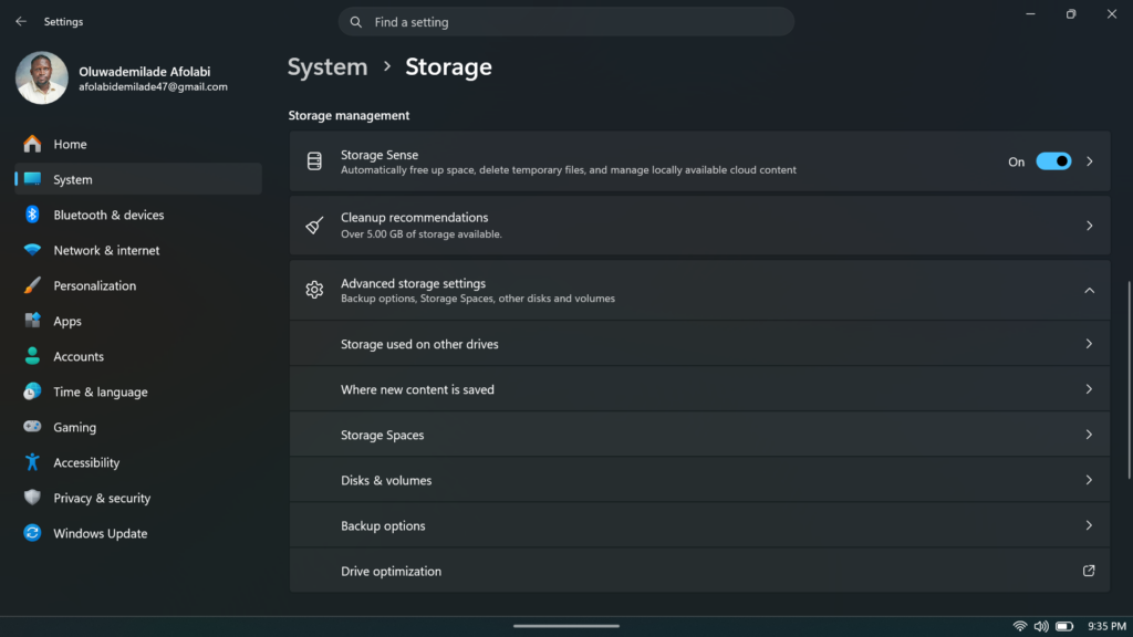 Windows 11 Storage settings page.