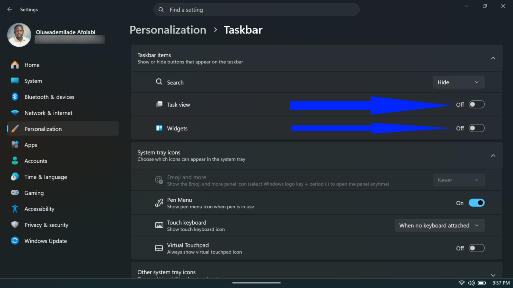 Windows 11 Taskbar settings page displaying options to show or hide taskbar items like Search, Task view, and Widgets.