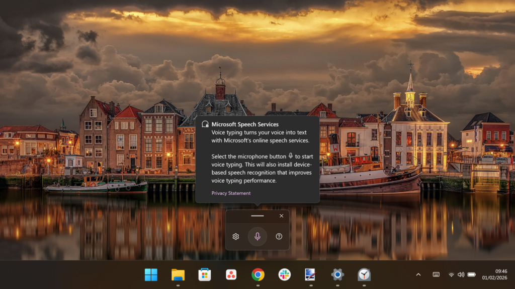 Windows 11 desktop displaying the "Microsoft Speech Services" notification explaining the Voice Typing feature.