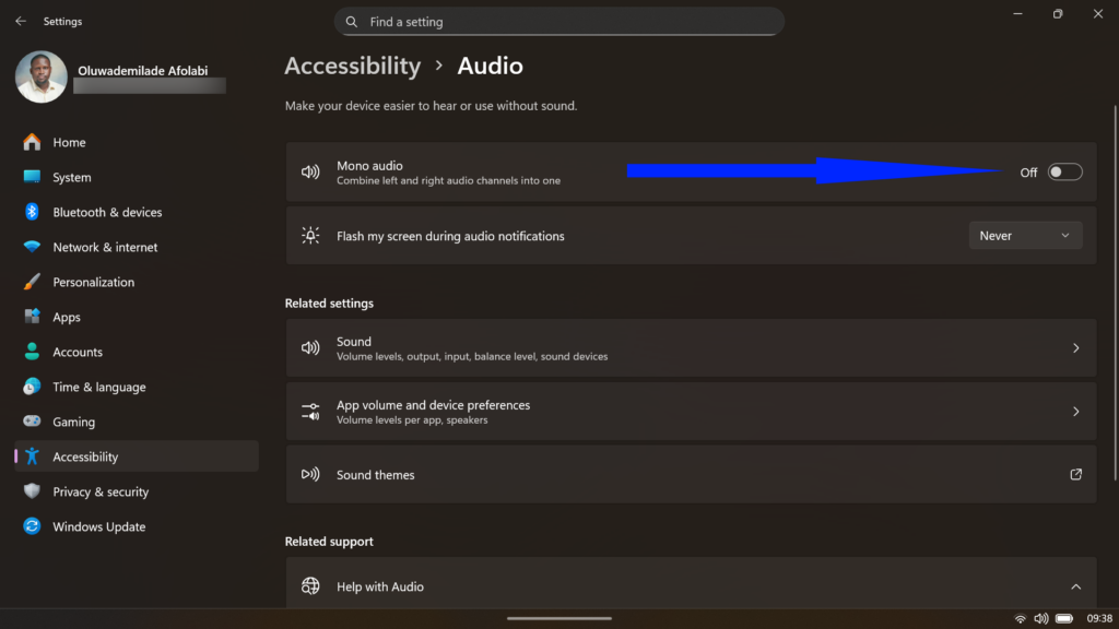 Windows Accessibility Audio settings showing Mono audio.