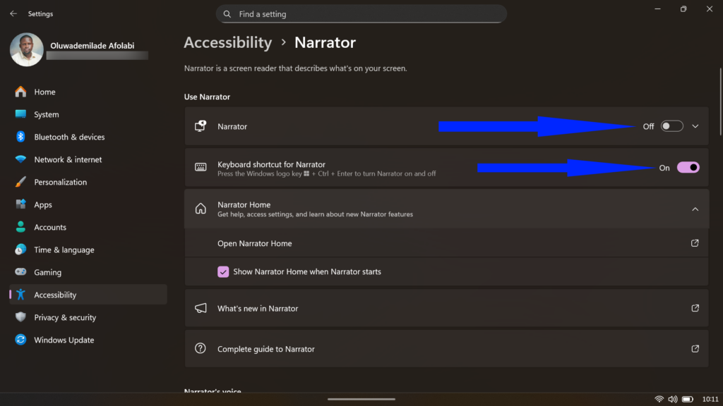 Windows Accessibility Narrator settings menu with options to enable the screen reader and keyboard shortcut.