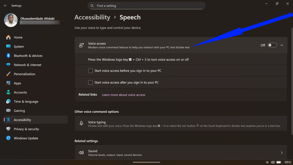 Windows Accessibility Speech settings menu featuring the Voice access toggle.