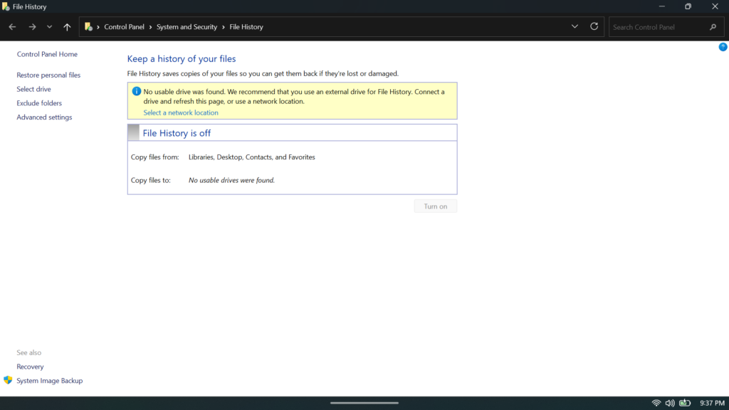 Windows Control Panel showing the File History feature.