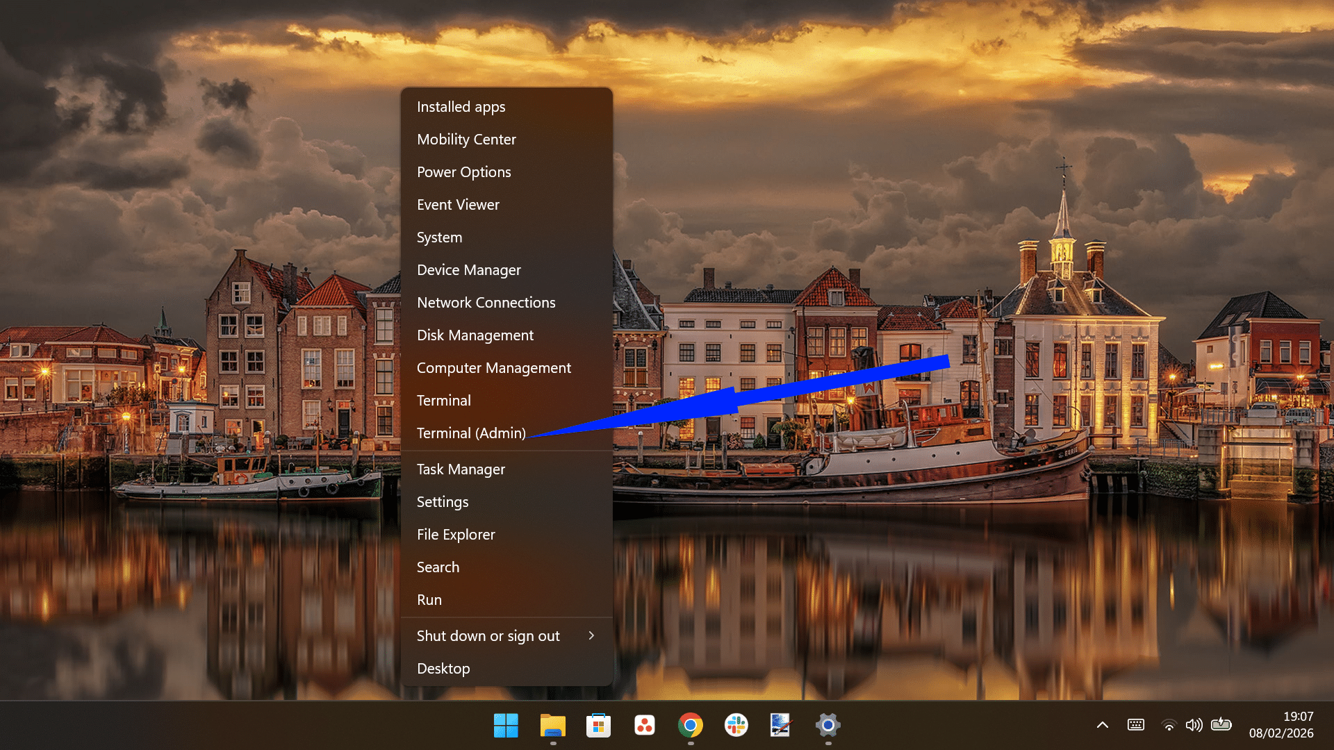 Windows Power User menu (Win+X) with an arrow pointing to Terminal (Admin) for elevated command access.