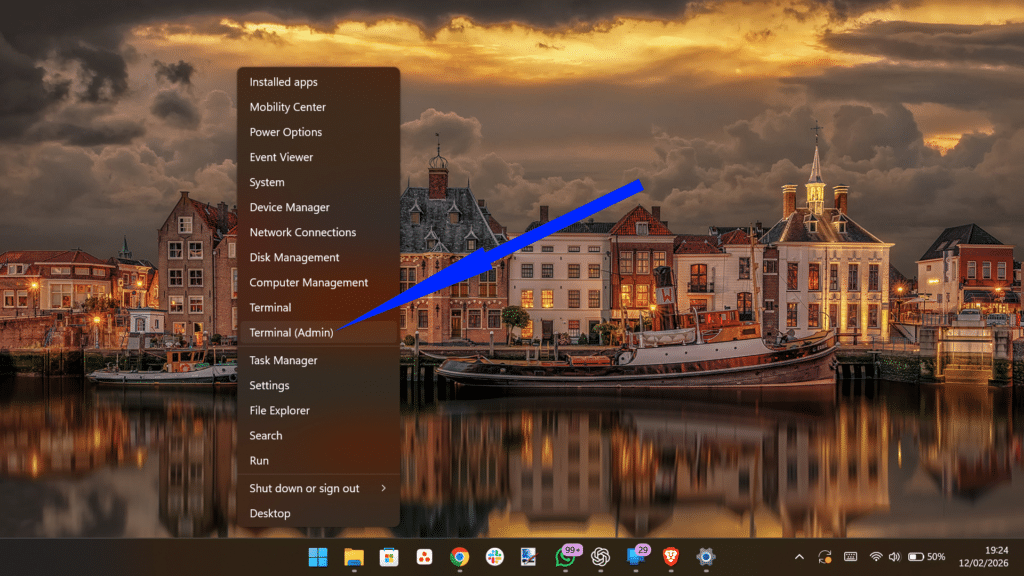 Windows Power User menu with an arrow pointing to the Terminal (Admin) option.