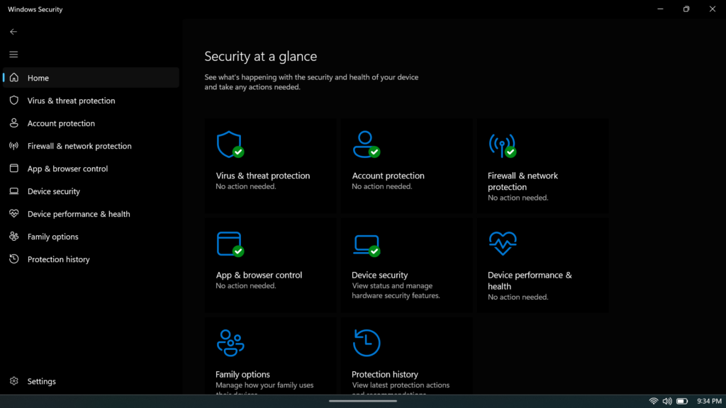 Windows Security dashboard displaying green checkmarks across all protection areas.