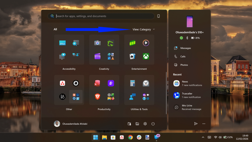 Windows Start menu displaying apps organized into tiled folders under the Category view.