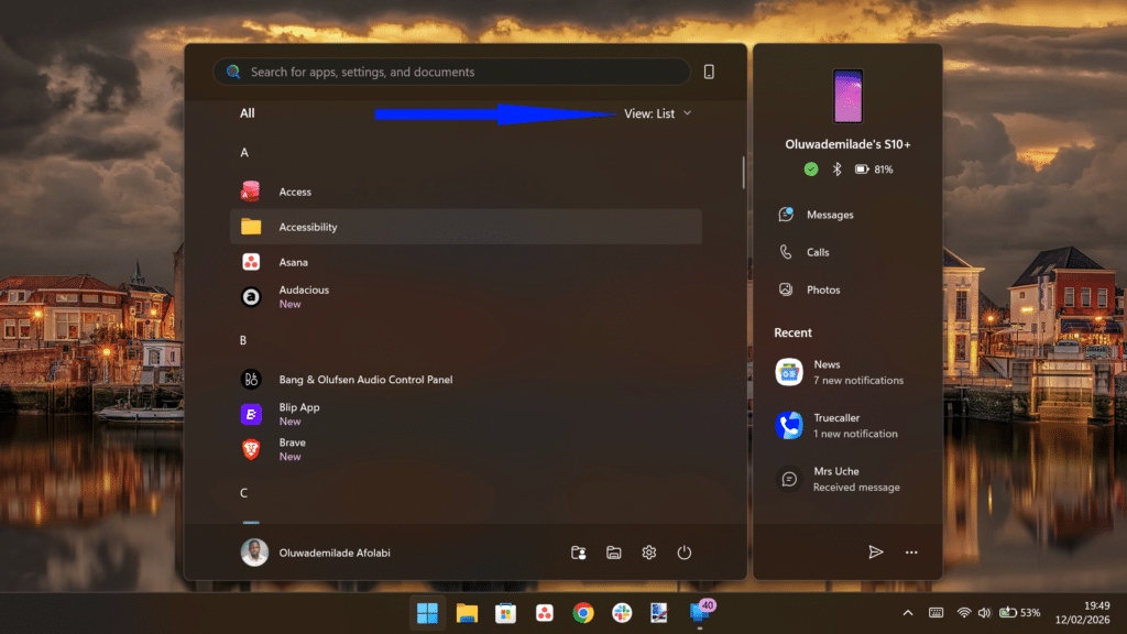Windows Start menu showing a vertical List view of all installed applications.