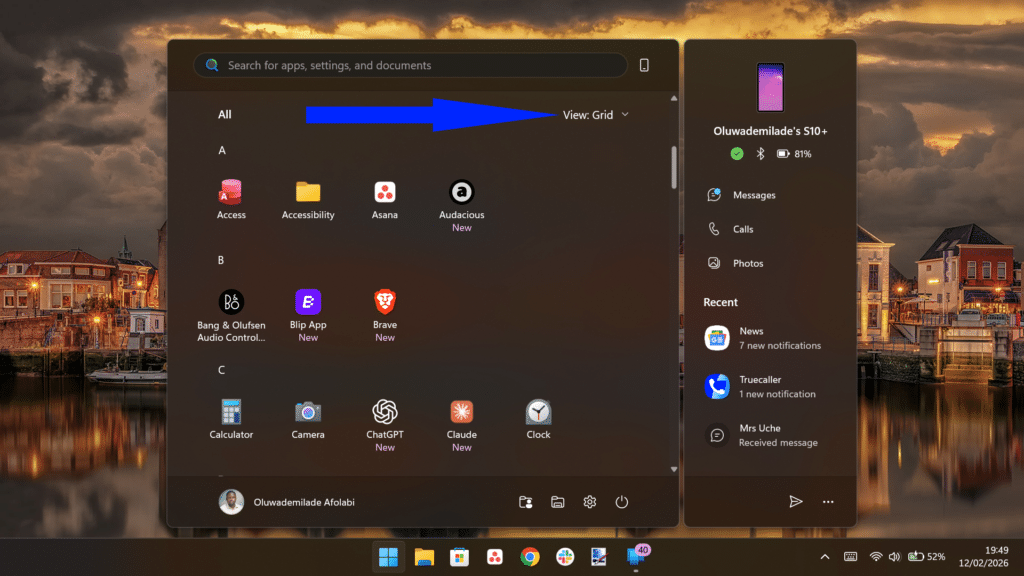 Windows Start menu showing the All apps section set to a Grid view layout.