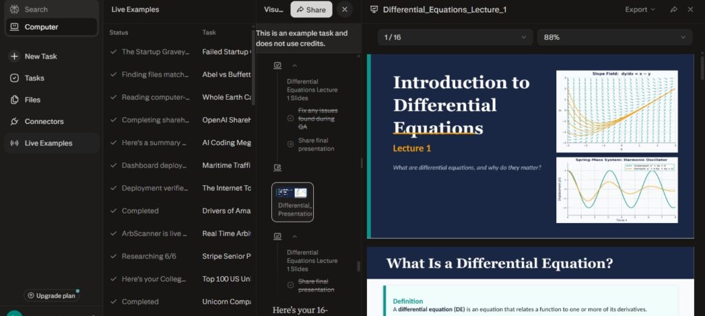 A live demo example of a differential equations lecture slide being created in Perplexity Computer