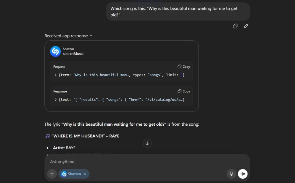 A prompt to discover a song using just one line from the song via Shazam in ChatGPT on mobile