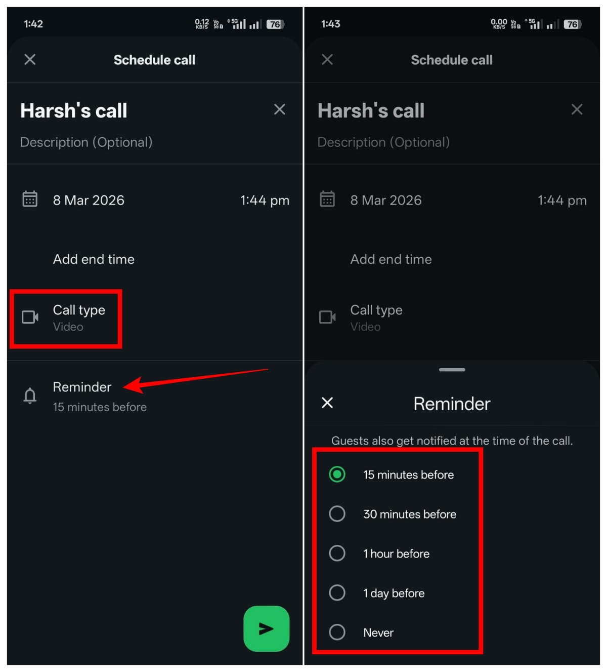 Choose call type (audio or video), set a reminder time, tap green icon, select participants, then tap Next to send the invite