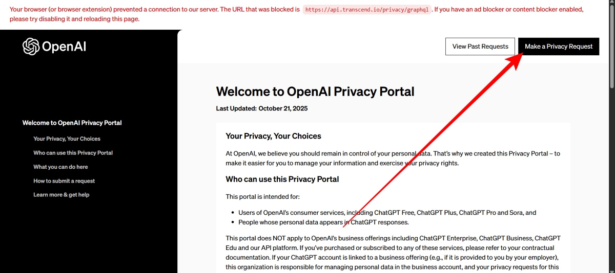 Click Make a Privacy Request in OpenAI Privacy Portal