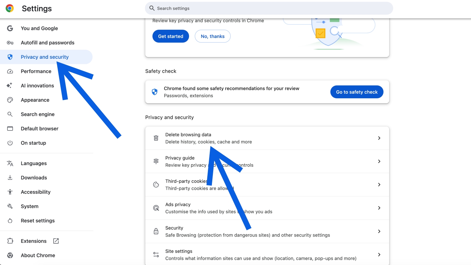 Click Privacy and security, then select Delete browsing data
