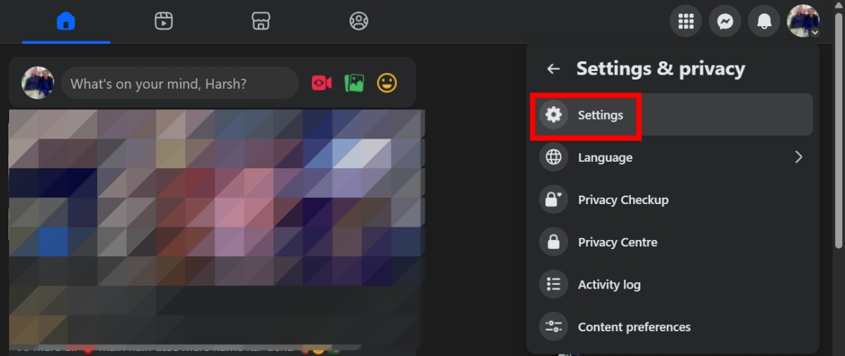 Click Settings on Facebook browser