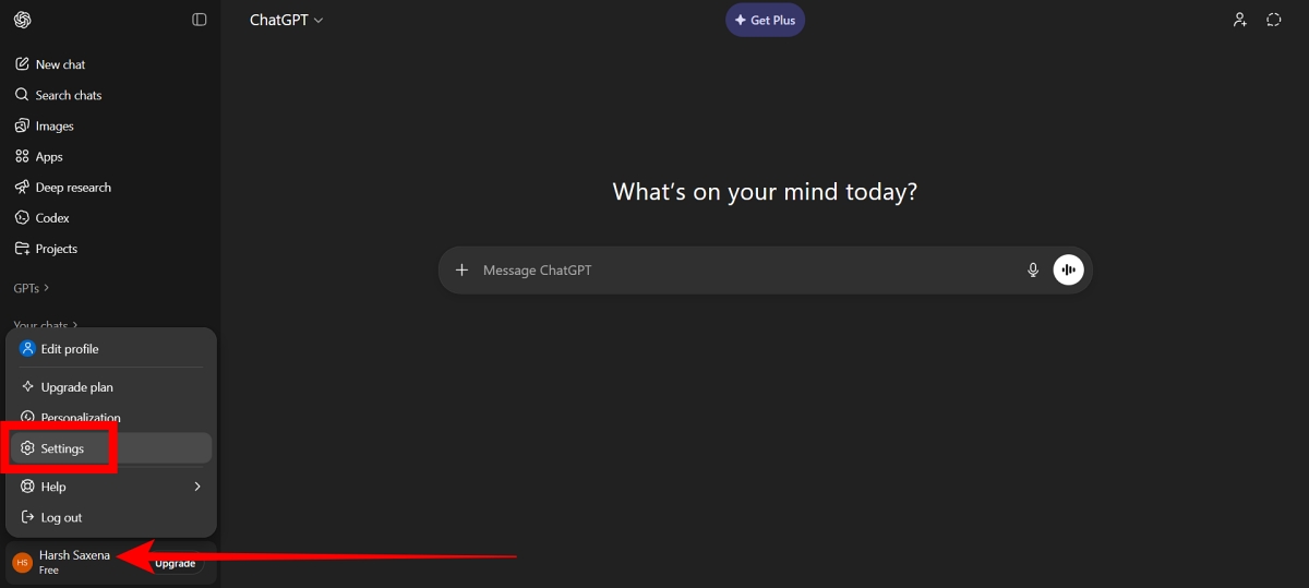 Click profile picture and select Settings from the ChatGPT menu