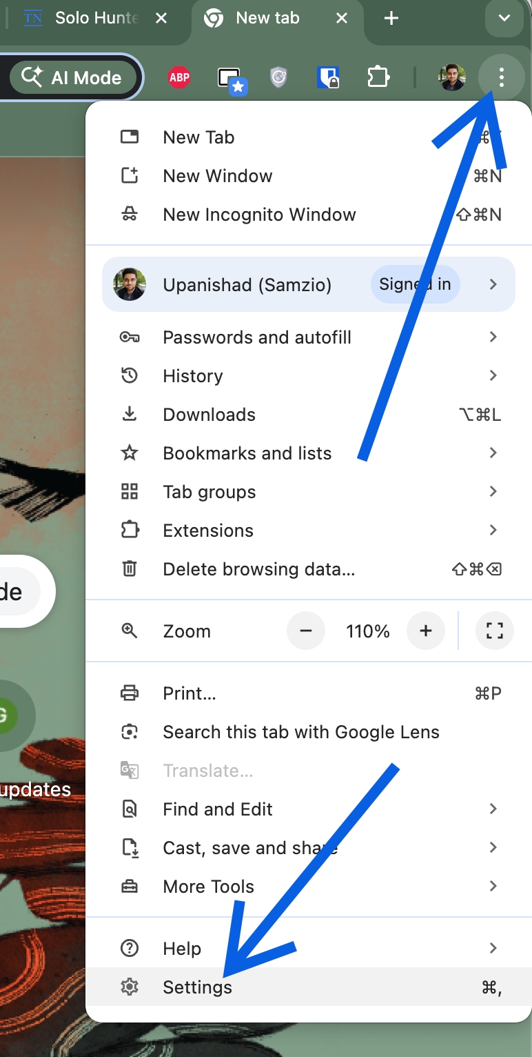 Click three-dot menu in Chrome, and Click Settings