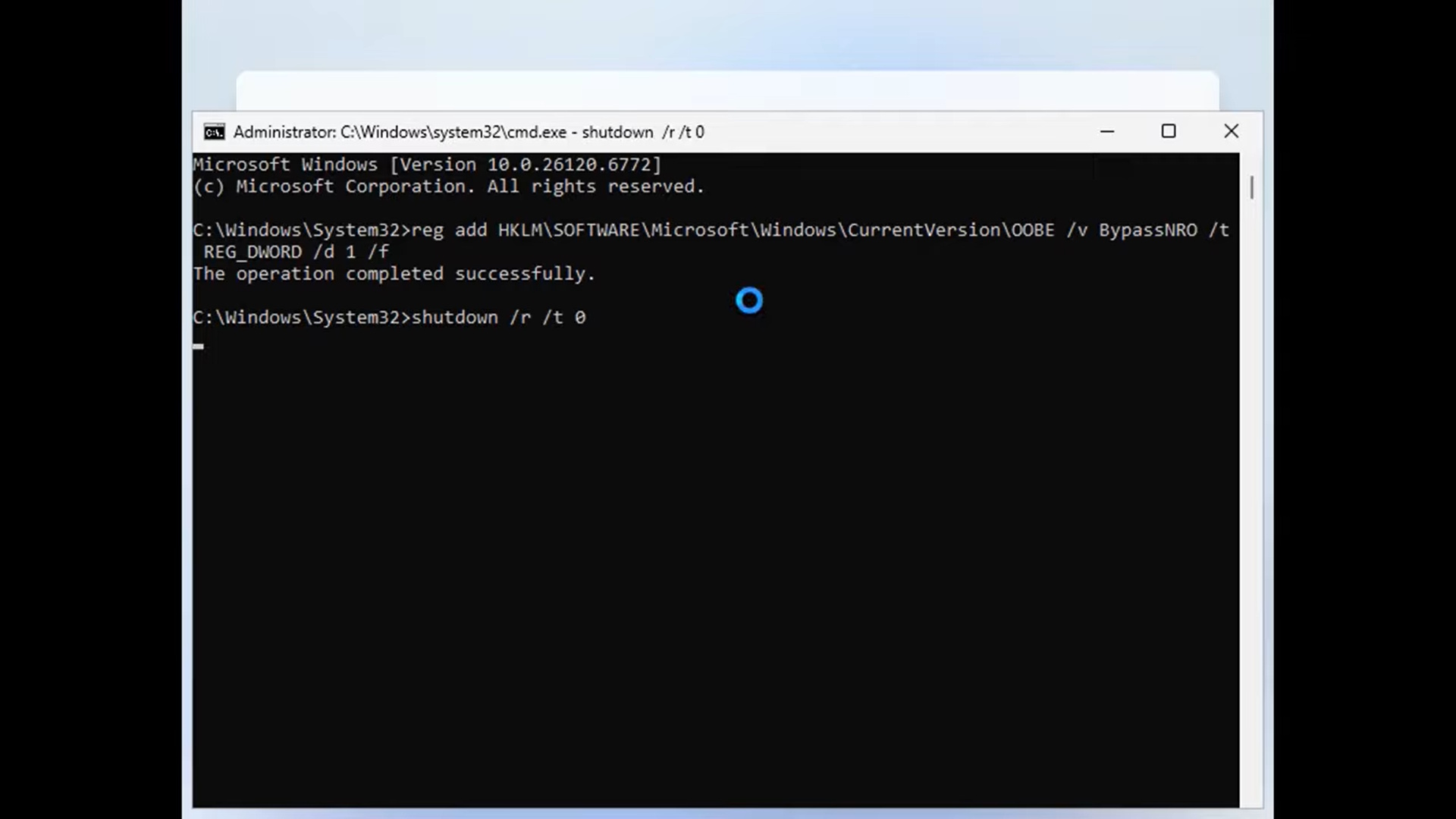 Command Prompt window during Windows setup displaying the successful execution of the BypassNRO registry command.