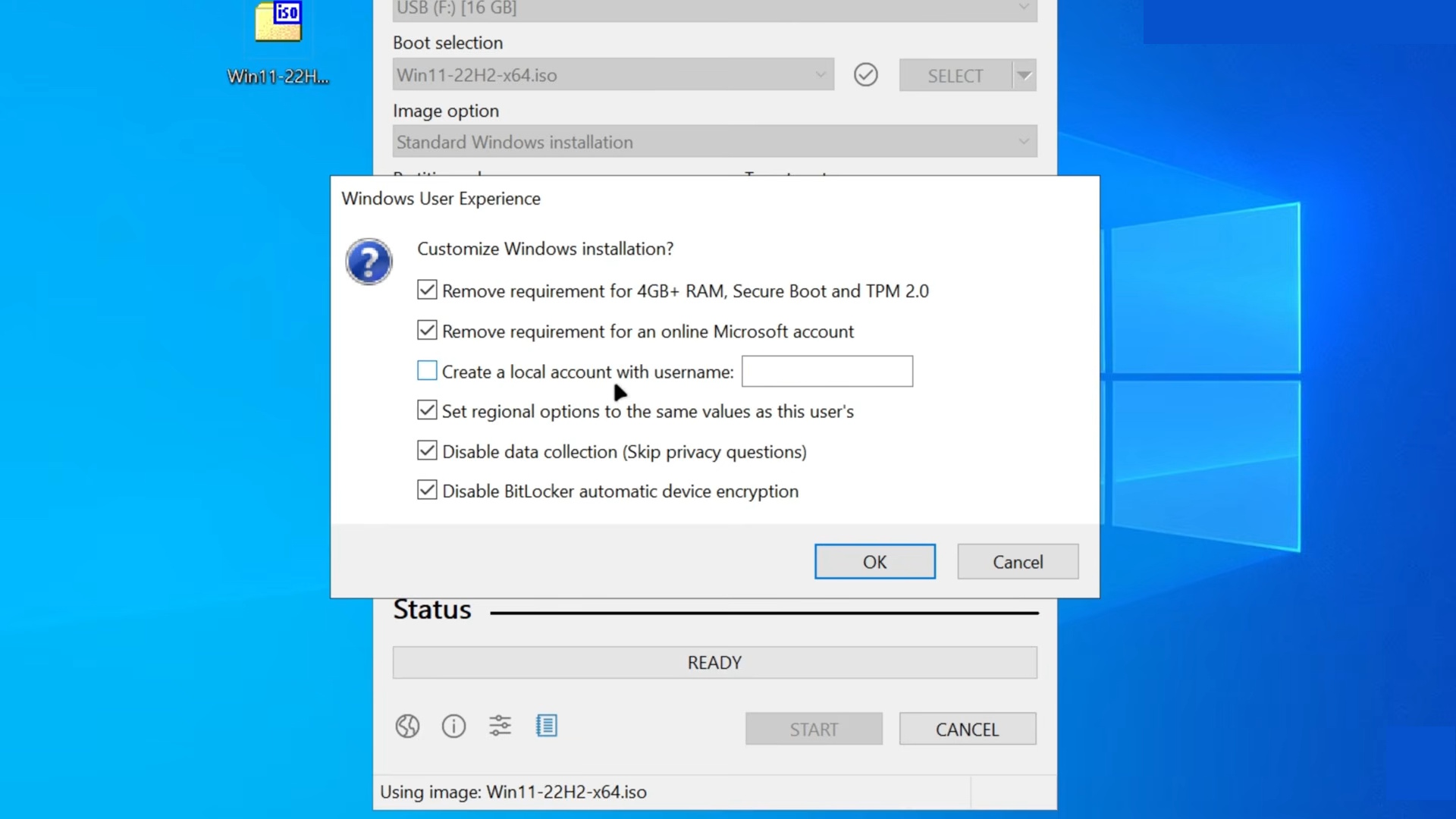 Customizing Windows 11 installation with Rufus.
