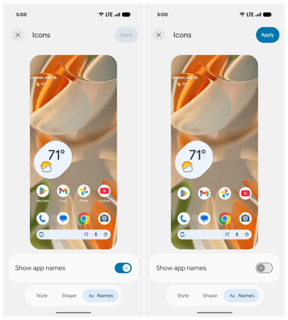 Hidden app labels on home screen