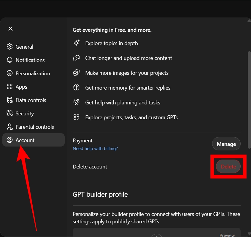 In Settings, select Account, then click Delete next to Delete account on ChatGPT