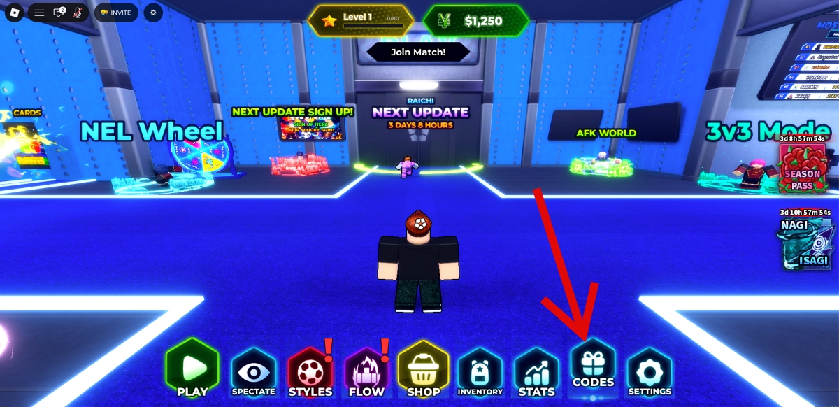 Launch Blue Lock Rivals on Roblox, click Codes option