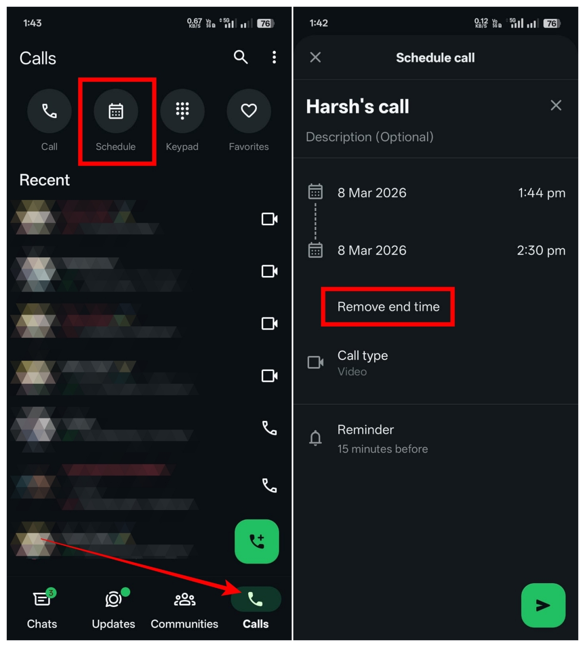 Open WhatsApp, go to the Calls tab, tap Schedule, add a title, then set the start time and optional end time