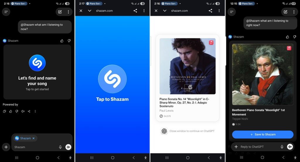 Running a prompt to identify a song with the Shazam app in ChatGPT on mobile