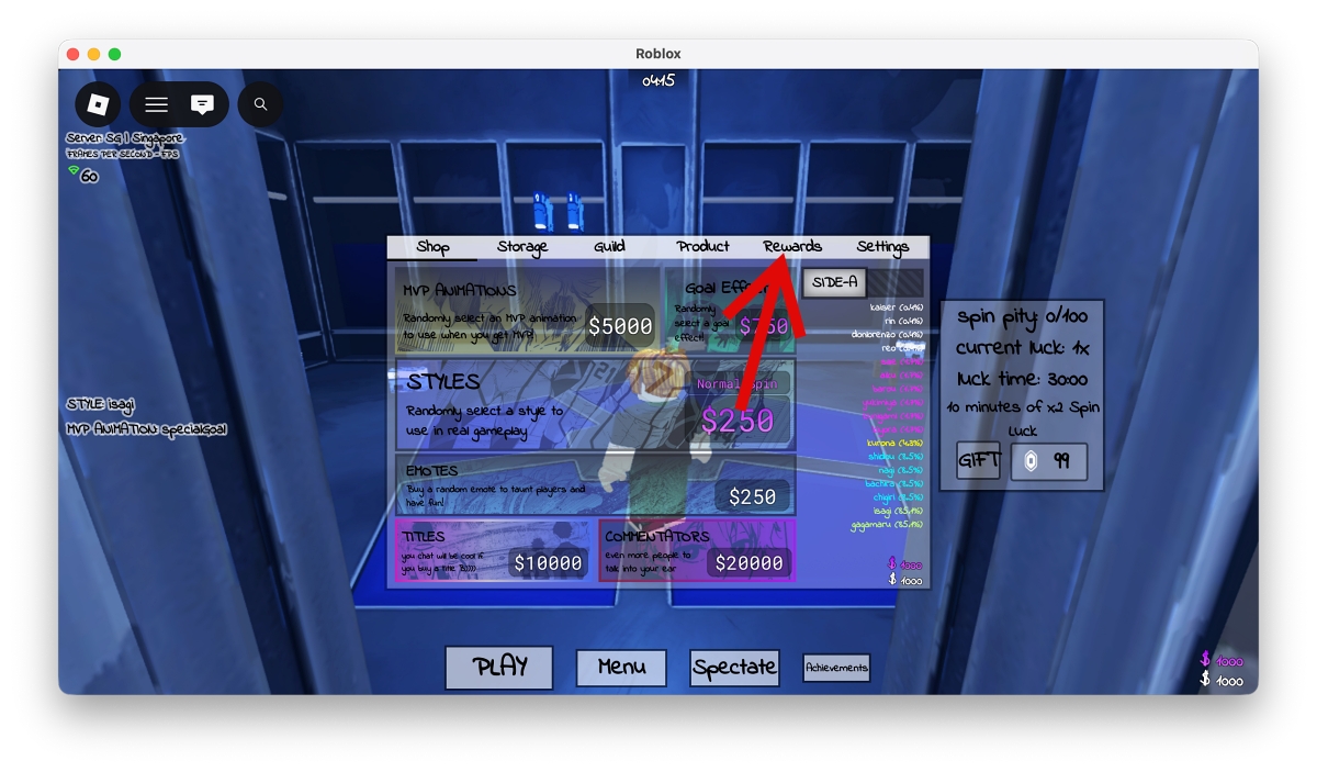 Select Rewards Under Menu in Azure Latch Roblox Game