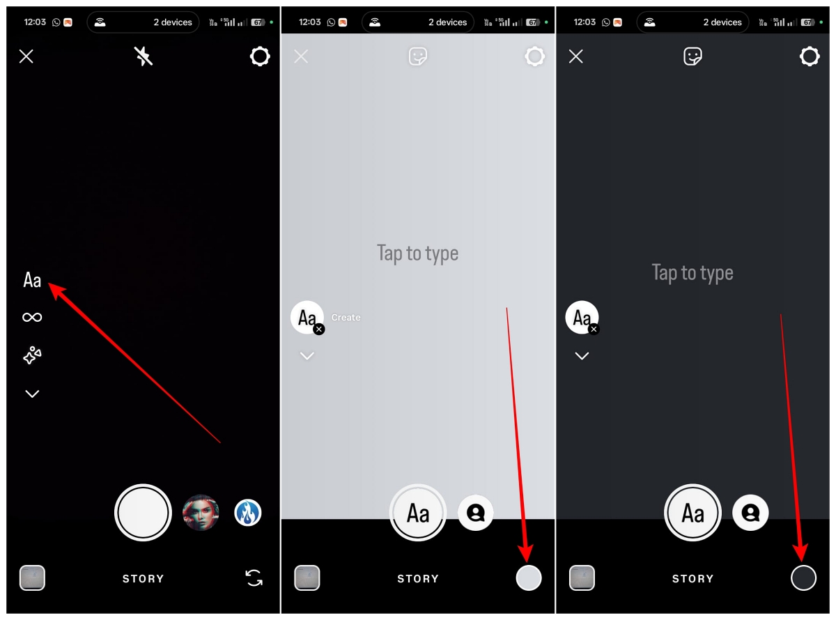 Tap Aa icon in Instagram story to Use Create Mode for Gradient Backgrounds