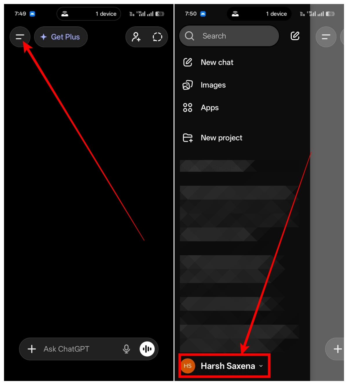 Tap menu icon, then tap your name to open the ChatGPT settings
