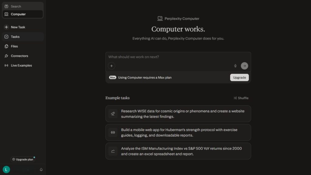 The Perplexity Computer Homepage on a desktop browser.