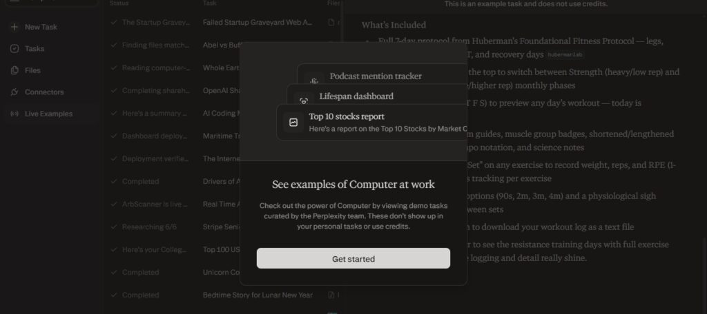 The see examples of Computer at work banner overlay that displays after clicking Live Examples in Perplexity Computer