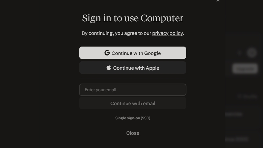 The sign in dialog box in Perplexity Computer