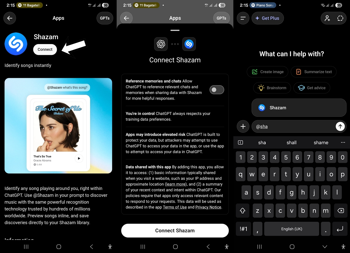 The steps for connecting the Shazam app to your ChatGPT account on a mobile device