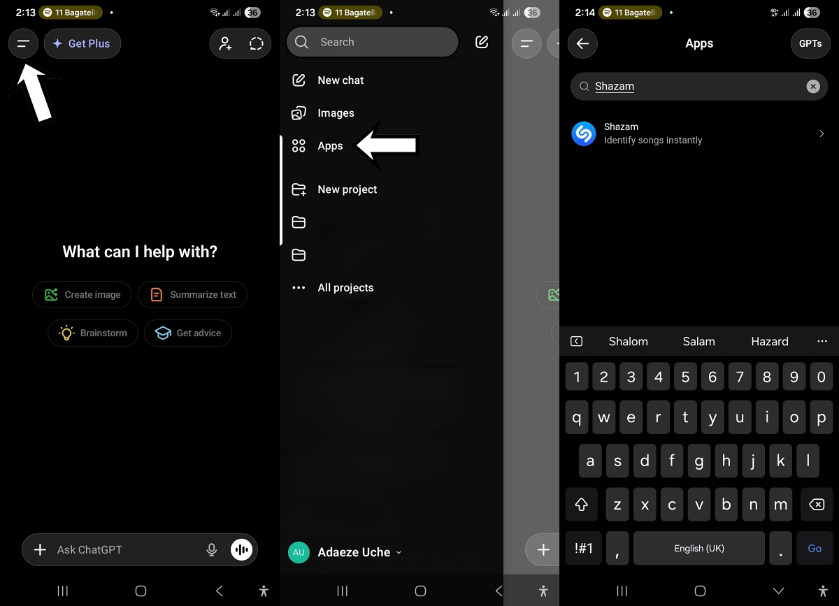 The steps for launching the Shazam app in ChatGPT on a mobile device