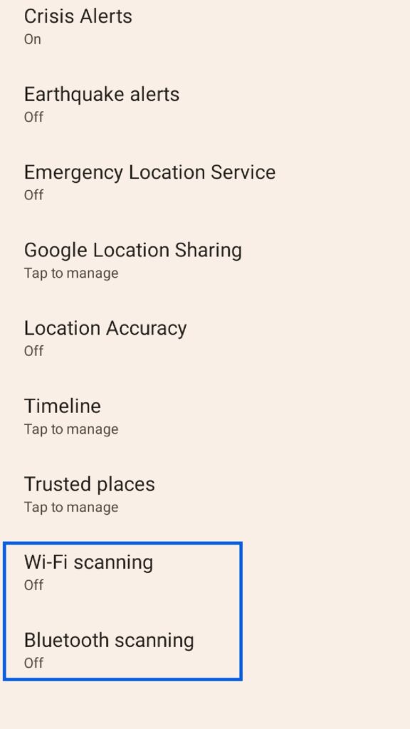 Turn on Wi-Fi scanning and Bluetooth scanning on Android