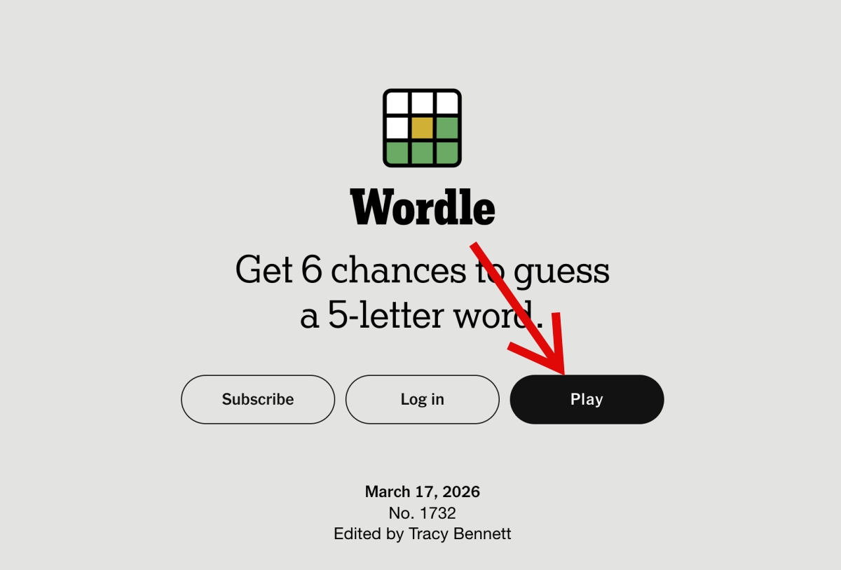 Visit official Wordle page on New York Times Games, Click Play to open the daily puzzle