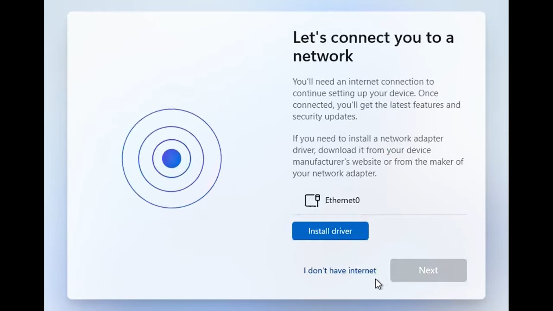 Windows 11 network setup screen revealing the previously hidden I don't have internet option.