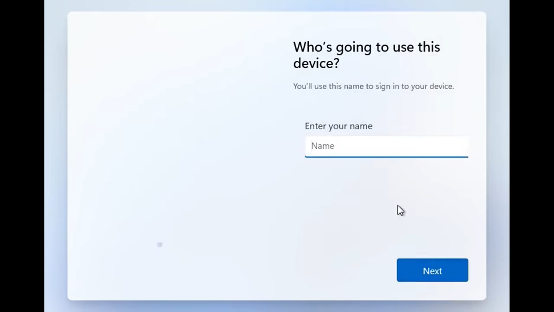 Windows 11 setup screen prompting the user to enter a name for a local offline account.