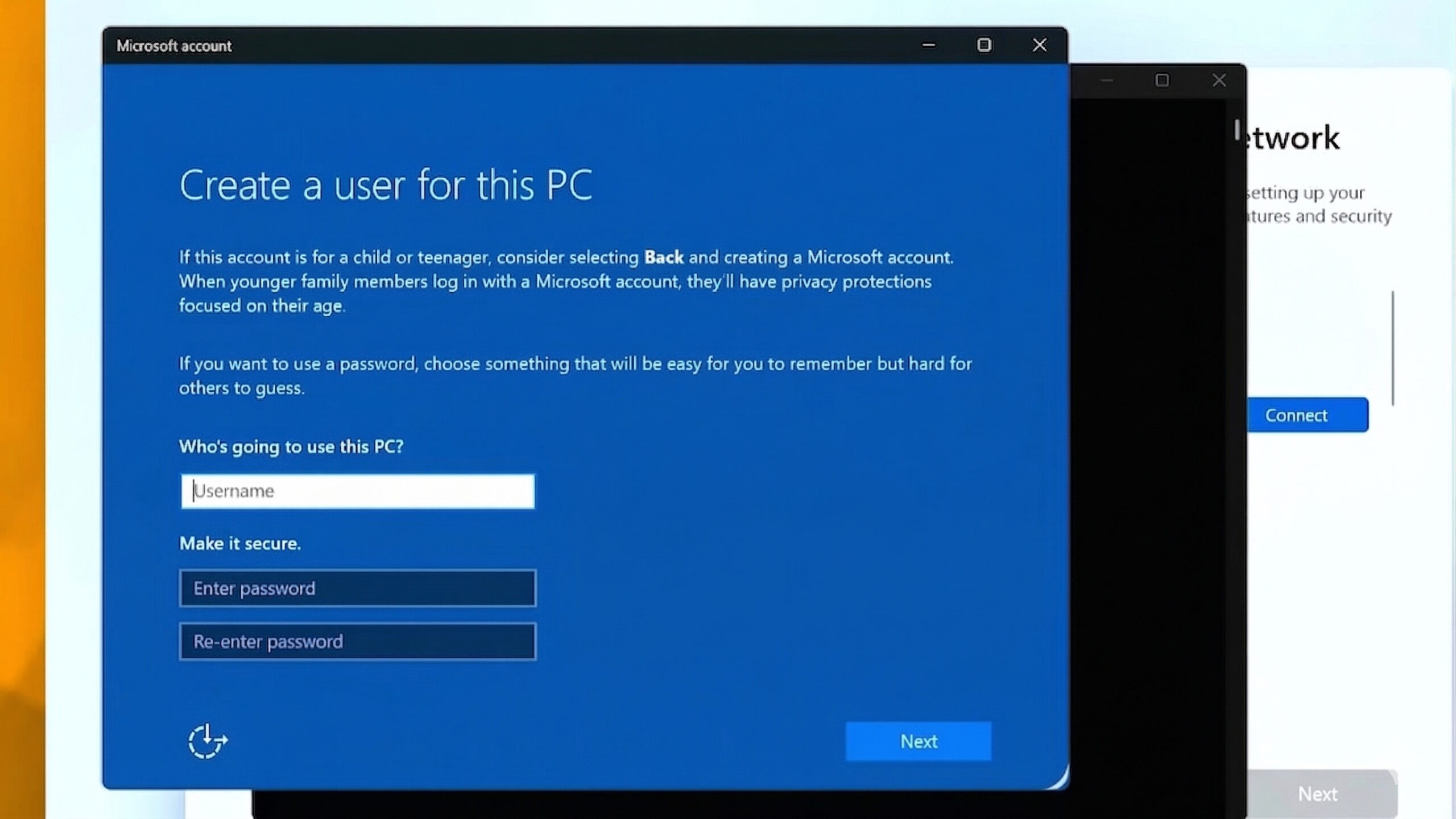 Windows 11 setup screen prompting the user to enter a username and password to create a local account.