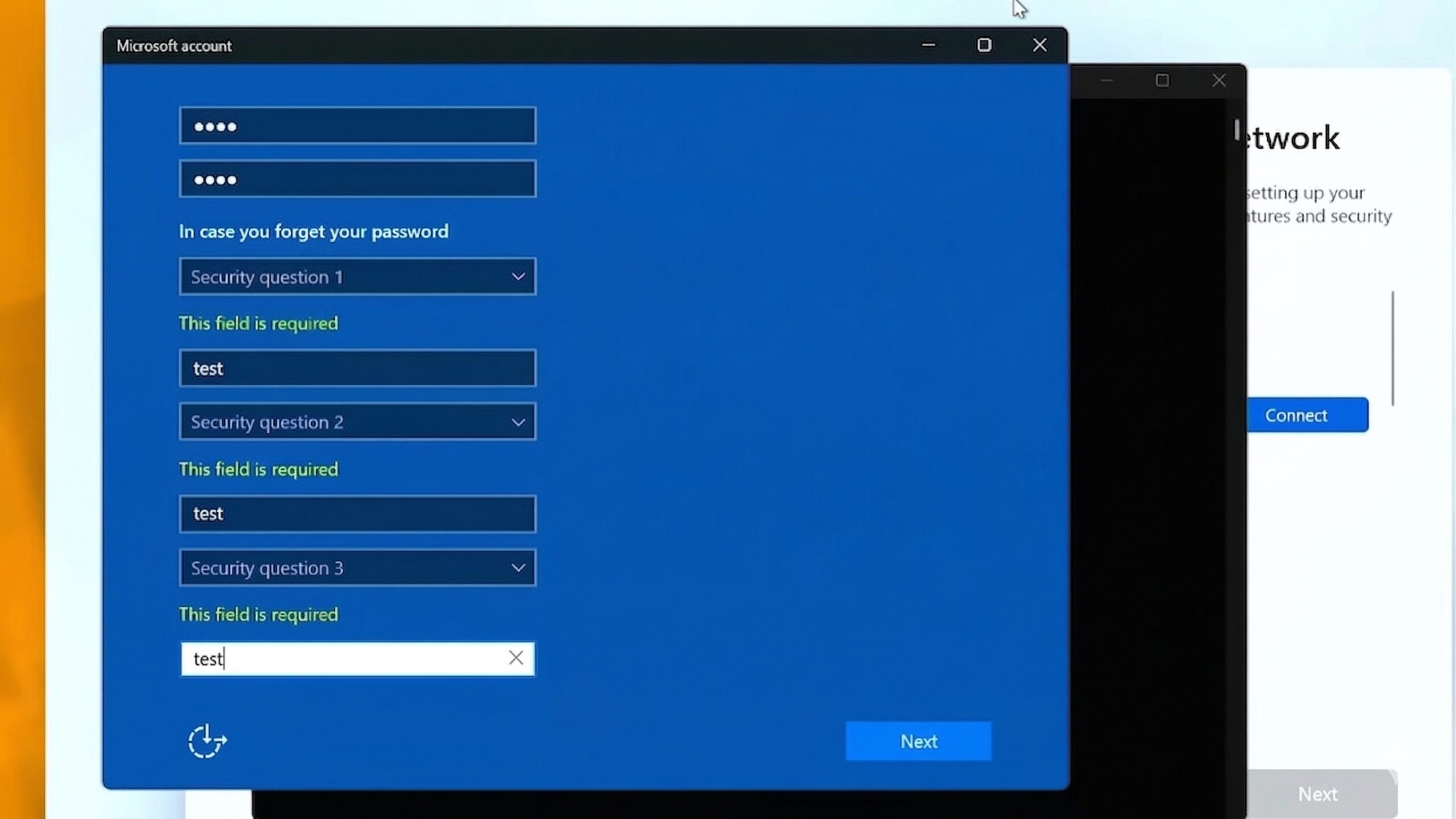 Windows 11 setup screen showing password and security question fields for a local account.