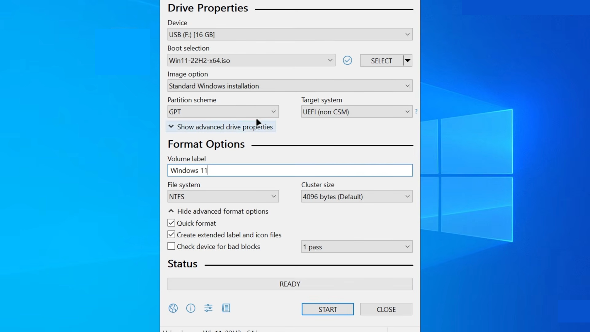 Writing Windows 11 to USB with Rufus.