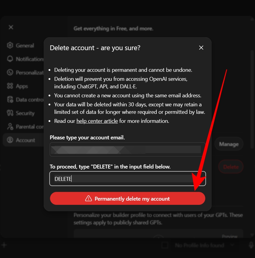 type DELETE in the confirmation field to Delete ChatGPT Account